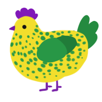 Banaminion, a yellow and viridian chicken with a speckle pattern