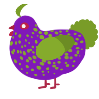 A violet and chartreuse chicken with a speckle pattern