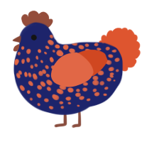 A navy and vermilion chicken with a speckle pattern