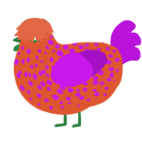 A vermilion and amethyst chicken with a speckle pattern