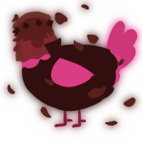 A black and fuchsia chicken with a head pattern