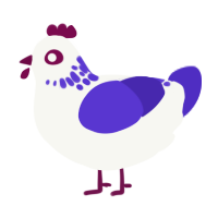 A white and indigo chicken with a neck-speckle pattern