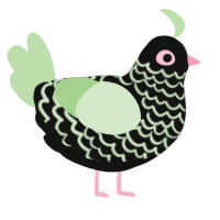 A black and gluppy chicken with a lace pattern