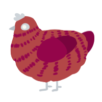A red and maroon chicken with a bar pattern