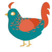 A teal and vermilion chicken with a half-lace pattern