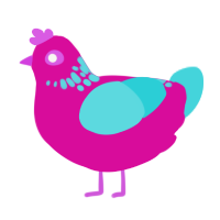 A fuchsia and aqua chicken with a neck-speckle pattern