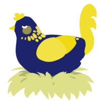 A navy and yellow chicken with a neck-speckle pattern