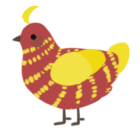 A red and yellow chicken with a bar pattern