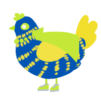 A ultramarine and yellow chicken with a bar pattern