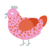 A pink and vermilion chicken with a speckle pattern