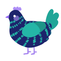 A navy and turquoise chicken with a bar pattern
