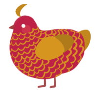 A crimson and ochre chicken with a lace pattern