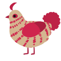 A beige and crimson chicken with a bar pattern