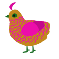 A ochre and fuchsia chicken with a lace pattern