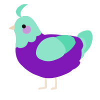 A violet and mint chicken with a head pattern