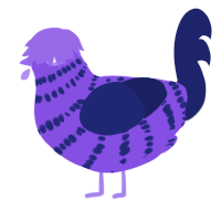 A blurple and navy chicken with a bar pattern