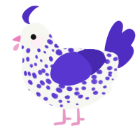 A white and indigo chicken with a speckle pattern