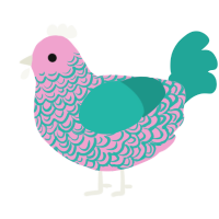 A pink and turquoise chicken with a double-lace pattern