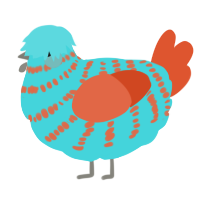 A aqua and vermilion chicken with a bar pattern