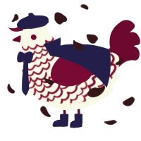 A white and maroon chicken with a lace pattern