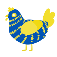 A ultramarine and yellow chicken with a bar pattern