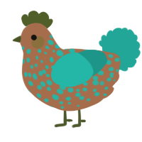 A brown and turquoise chicken with a speckle pattern
