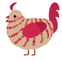 A beige and crimson chicken with a bar pattern