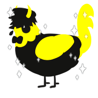 A black and yellow chicken with a head pattern