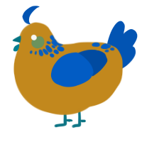 A ochre and ultramarine chicken with a neck-speckle pattern