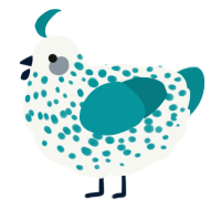 A white and teal chicken with a speckle pattern
