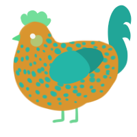 A orange and turquoise chicken with a speckle pattern