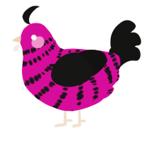 A fuchsia and black chicken with a bar pattern