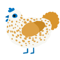 A white and orange chicken with a speckle pattern