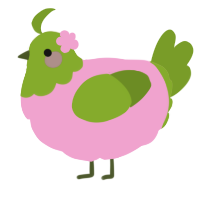 A pink and chartreuse chicken with a head pattern