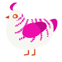 A white and fuchsia chicken with a half-bar pattern