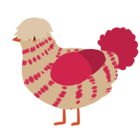 A beige and crimson chicken with a bar pattern