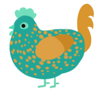 Kiwi, a turquoise and orange chicken with a speckle pattern