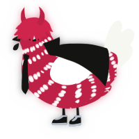 A crimson and white chicken with a bar pattern