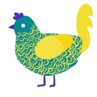 ripples, a teal and yellow chicken with a double-lace pattern