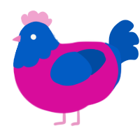 A fuchsia and ultramarine chicken with a head pattern