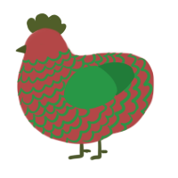 A red and viridian chicken with a lace pattern