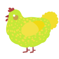 A lime and yellow chicken with a speckle pattern
