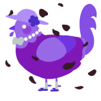 A violet and blurple chicken with a head pattern