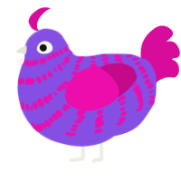 A blurple and fuchsia chicken with a bar pattern