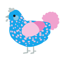A sky and pink chicken with a speckle pattern