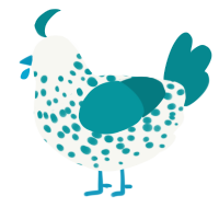 A white and teal chicken with a speckle pattern