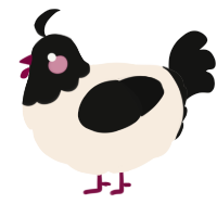 A cream and black chicken with a head pattern