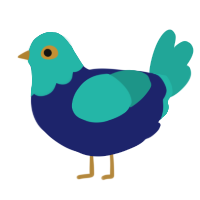 Pigeon, a navy and turquoise chicken with a head pattern