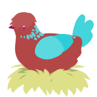 A red and aqua chicken with a neck-speckle pattern