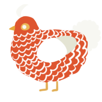 A vermilion and white chicken with a lace pattern